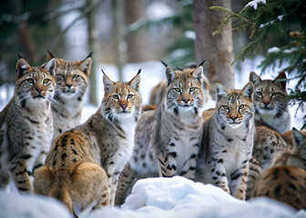 Obraz premium A group of lynx, distinctive wild cats, are standing gracefully in the snow while intently looking directly at the camera, capturing the moment