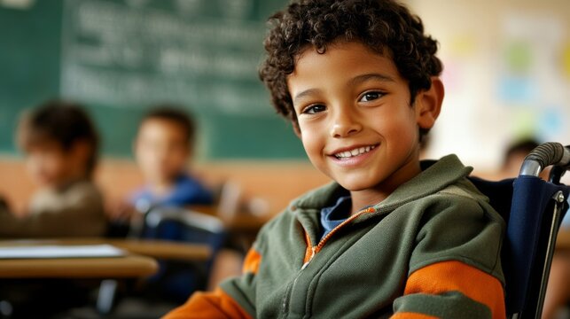 Young boy wheelchair classroom He is wearing green Happy disabled schoolboy