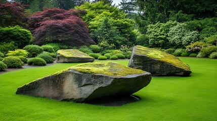 Moss Covered Rocks in a Lush Green Garden
