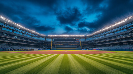 A twilight view of an empty baseball stadium with bright lights ready for an evening game