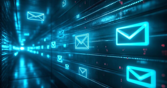 Futuristic digital mailbox with glowing emails