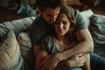 Fototapeta premium A couple shares an intimate moment on a cozy sofa. Their expressions reflect deep emotions. The scene is warm and inviting. Perfect for relationship themes. Generative AI