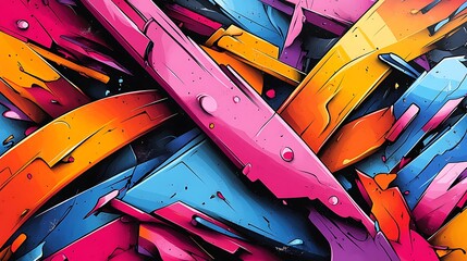Dynamic abstract graffiti, bold shapes and chaotic lines interweaving in an explosion of vibrant colors. Energetic strokes, urban city life captured in vivid tones,