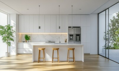 Luxurious kitchen in white, wooden floor and central island, minimalist design with stainless steel appliances, soft ambient lighting.