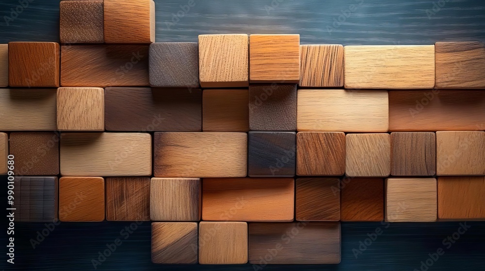 Poster a vibrant arrangement of wooden blocks in various shades, creating an abstract pattern on a wooden s