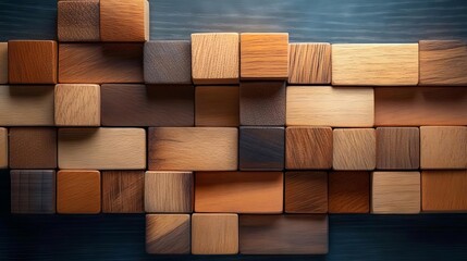 A vibrant arrangement of wooden blocks in various shades, creating an abstract pattern on a wooden surface.