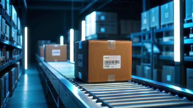 A cardboard box with a barcode label is moving along a conveyor belt in a warehouse.