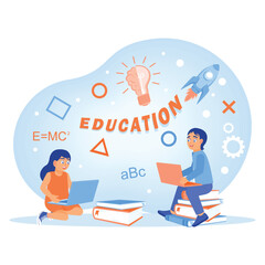 Children study at home using computers and books. Smart brain and educational elements for inspiration. Online Education concept. Flat vector illustration.