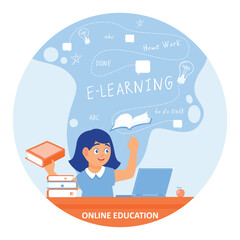 Little girls study using laptops and books. Educational doodle background. Online Education concept. Flat vector illustration.