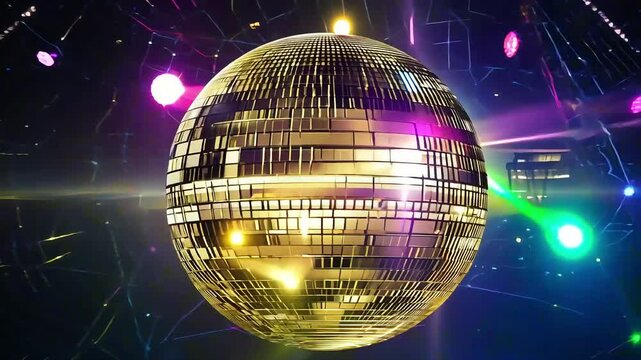 Disco ball spins in vibrant gold and pink colors, set against a livelynight club party background with bright flashing lights
