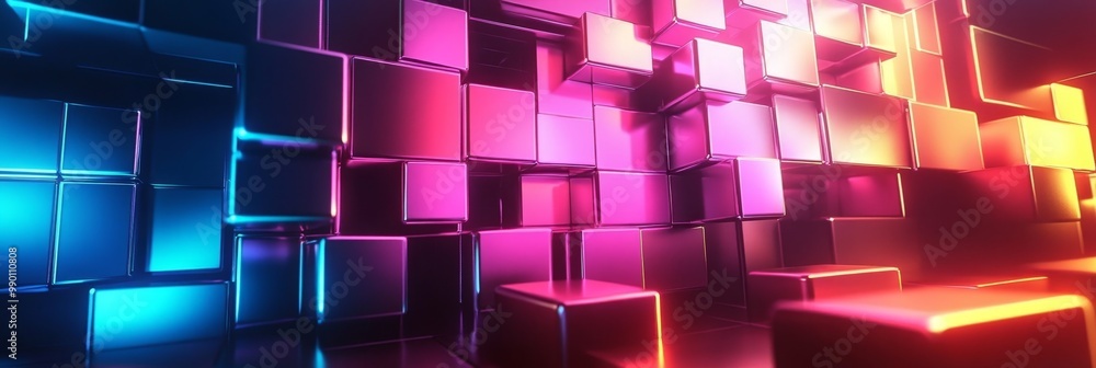 Poster abstract background of vibrant neon glowing cubes arranged in a dynamic pattern, symbolizing energy,