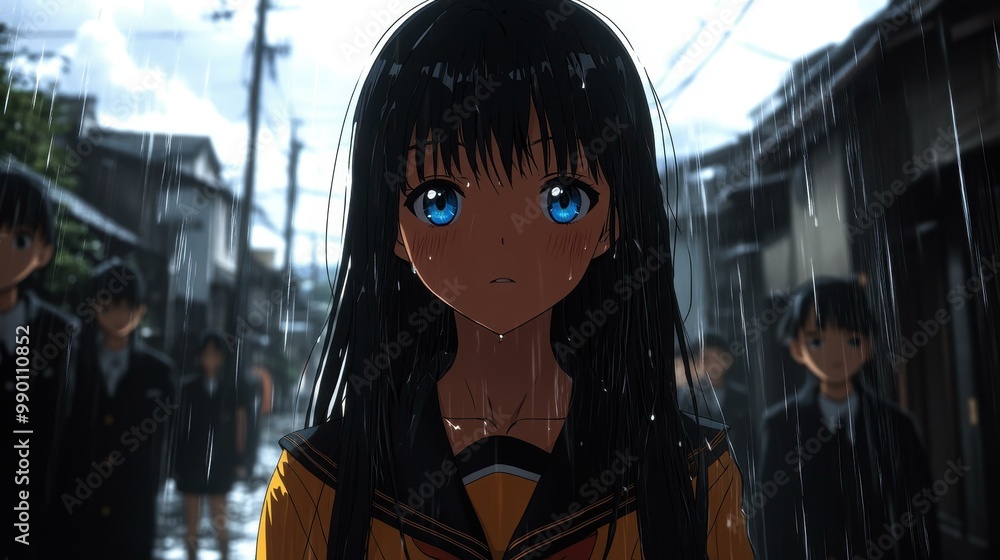 Poster A striking girl in a black and yellow school uniform with long black hair and blue eyes captivates in this anime scene.