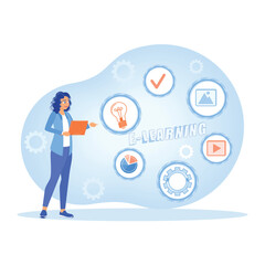 Businesswoman taking part in an online business presentation. Business icons on a computer screen. Online Education concept. Flat vector illustration.