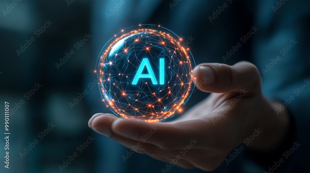 Poster hand holding a glowing sphere with ai text, representing artificial intelligence concepts.