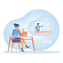 Female students are homeschooled. Listen to explanations from teachers via remote meetings. Online Education concept. Flat vector illustration.