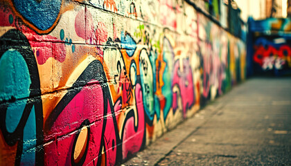 Fototapeta premium A graffiti-covered urban wall, showcasing vibrant colors, bold lines, and an edgy, artistic vibe