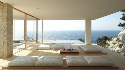 Fototapeta premium Modern minimalist interior design of a coastal home overlooking the ocean on a sunny day with ample natural light and open space
