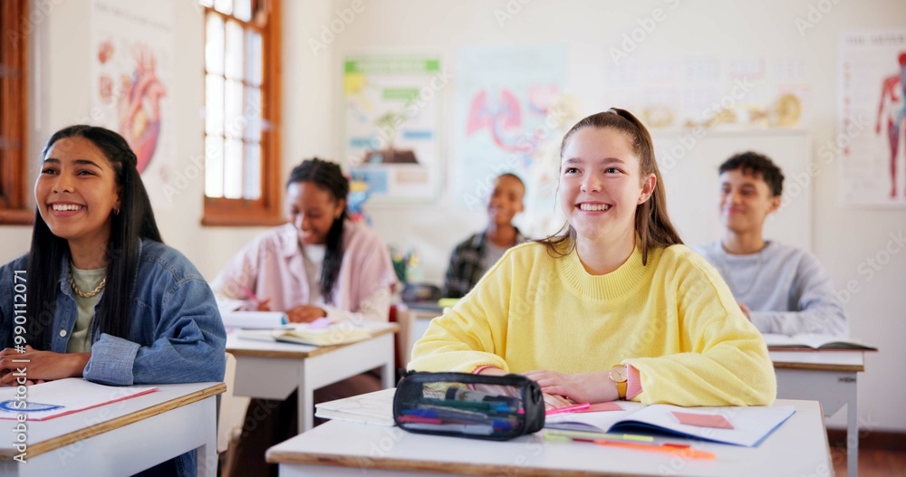 Sticker Happy children, students and teenagers with books in classroom for learning or education at school. Young, group or learners in diversity with smile, stationery or desk in class for youth development