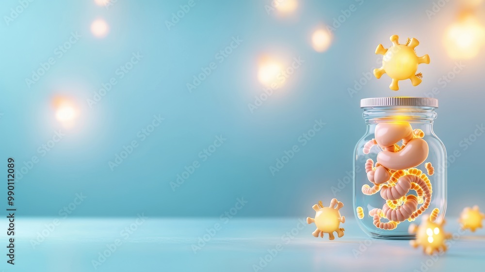 Poster virus representation in a jar with glowing particles