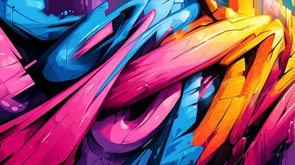 Flowing neon shapes and sharp graffiti lines creating a dynamic urban scene, electric hues glowing in vibrant tones, jagged and fluid forms blending seamlessly,