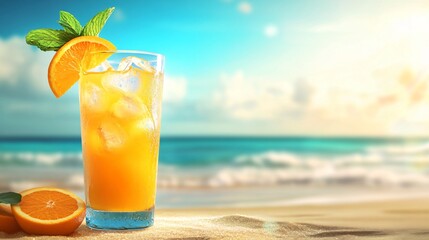 Orange juice in a glass with ice and an orange slice with mint on a sandy beach with ocean and blue sky in the background.