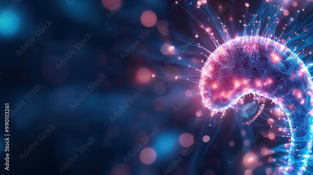 Poster abstract neural network with glowing particles and lights