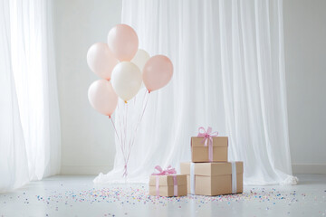  Elegant Minimalist Birthday Setup with Neat Gift Boxes, Simple Balloons, and Delicate Confetti