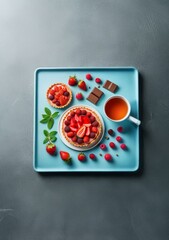 A blue tray with two berry tarts, chocolate, tea and a few berries scattered around.