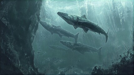 Obraz premium A trio of prehistoric sharks swim through a murky underwater cave, with a faint light illuminating their streamlined bodies.