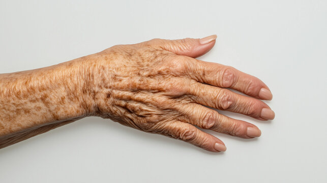 A close-up view of an elderly woman's hand displaying age spots and unique textures highlighting the beauty of aging