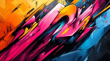 Futuristic digital graffiti, sharp geometric shapes fused with bold graffiti lines, vibrant neon lights, glitch distortions, chaotic flow of street art energy meets high-tech aesthetics,