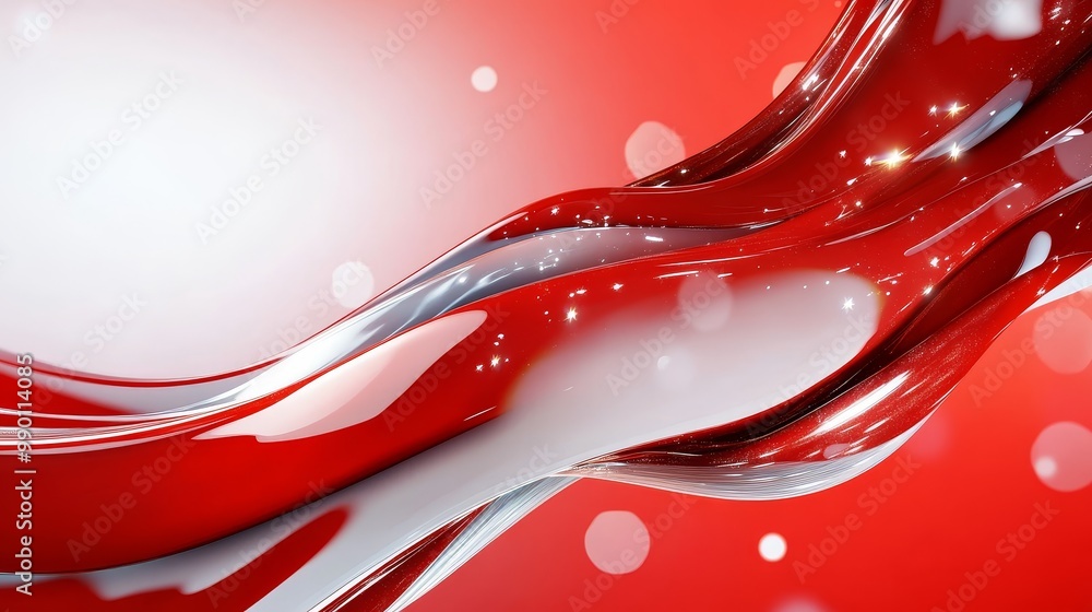 Poster abstract red and white background with a wavy, shiny, fluid shape and bokeh. the background evokes c
