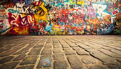 Naklejka premium A graffiti-covered urban wall, showcasing vibrant colors, bold lines, and an edgy, artistic vibe