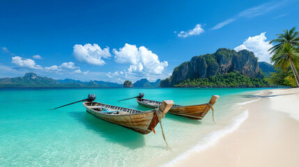 Obraz premium Two traditional boats on a sandy beach with clear turquoise water and tropical mountains in the background.
