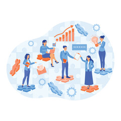 People connect puzzle pieces. Business teamwork in the company. Team communication concept. Flat vector illustration.