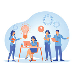 Business team holding meeting in office. Business team discussing ideas for starting a new venture. Team communication concept. Flat vector illustration.