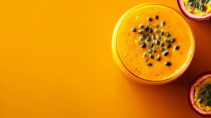 Passion fruit smoothie with half fruits on orange background.
