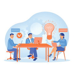 A team of coworkers is discussing and thinking about new ideas. Business teamwork in the company. Team communication concept. Flat vector illustration.