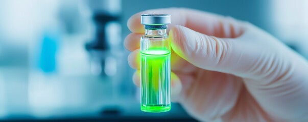 Close-up of a hand holding a clear vial containing a glowing green liquid in a lab, bioluminescence, study of natural light-emitting organisms