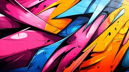 Harmonious fusion of bold abstract shapes and graffiti lines, vibrant neon colors, sharp angles and fluid curves creating rhythmic energy, dynamic street art in motion,