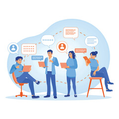 People with computers and speech bubbles. Man and woman working remotely using a laptop. Remote Work Online concept. Flat vector illustration.