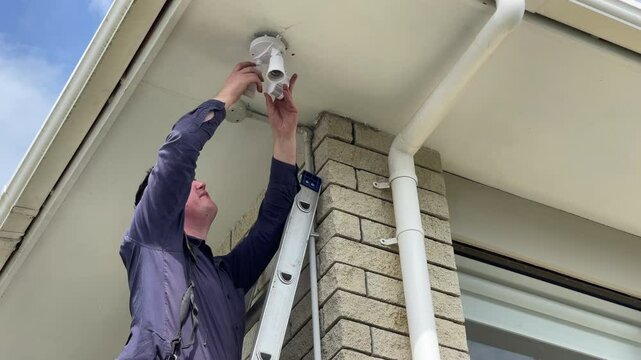 Caucasian man standing on a ladder installing a security sensor light to the underside of a soffit on the corner of a brick clad house in New Zealand