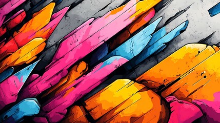 Industrial chaos in an urban landscape, sharp angles and gritty graffiti lines, vibrant neon tones against rough metallic surfaces, chaotic composition of rust, concrete, and bright colors,