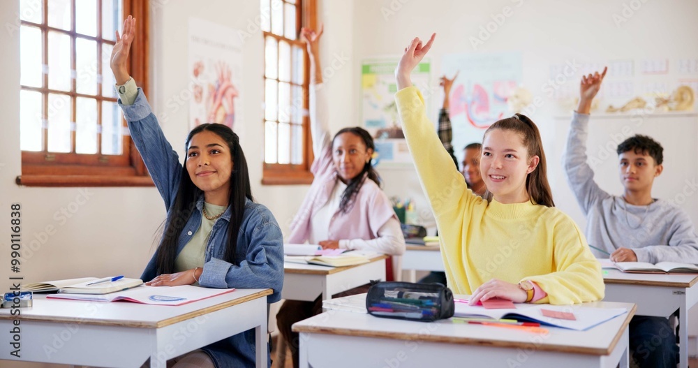 Poster happy children, students or hands raised with question in classroom for interaction, learning or edu