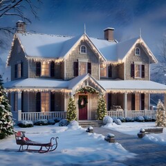 A house with a snow covered roof and a house with a snow covered porch.