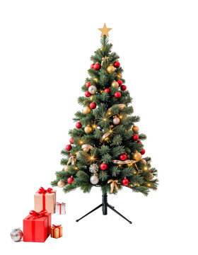 Beautifully Decorated Christmas Tree with Ornaments and Gold Star on Top Isolated on PNG Background - Festive Holiday Spirit Concept