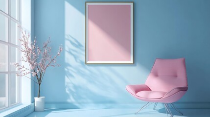 Featuring a pink chair in a blue room, the interior wall panels and frame mockup reflect a modern pastel color studio design style.