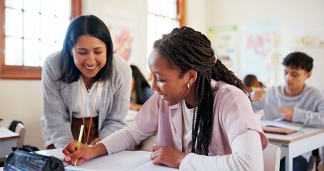 Happy teacher, student or girl with book for moderation, help or support and assistance at school....