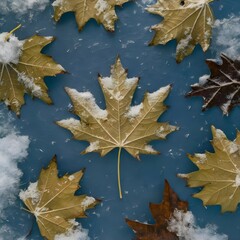 A picture of a leaf that is on a snowy day.
