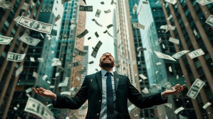 Portrait of a Rich Man Standing in the Rain of Money for Financial Campaigns